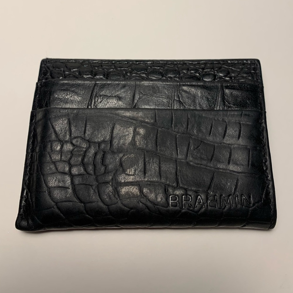 Brahmin Black Croc-Embossed Leather Card Holder GUC Matte Black color